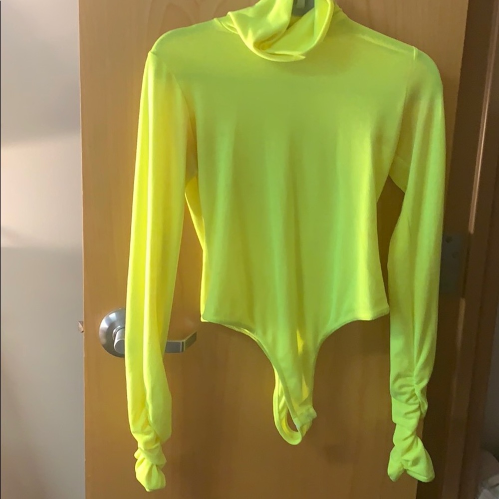 Long sleeve, turtleneck, neon body suit